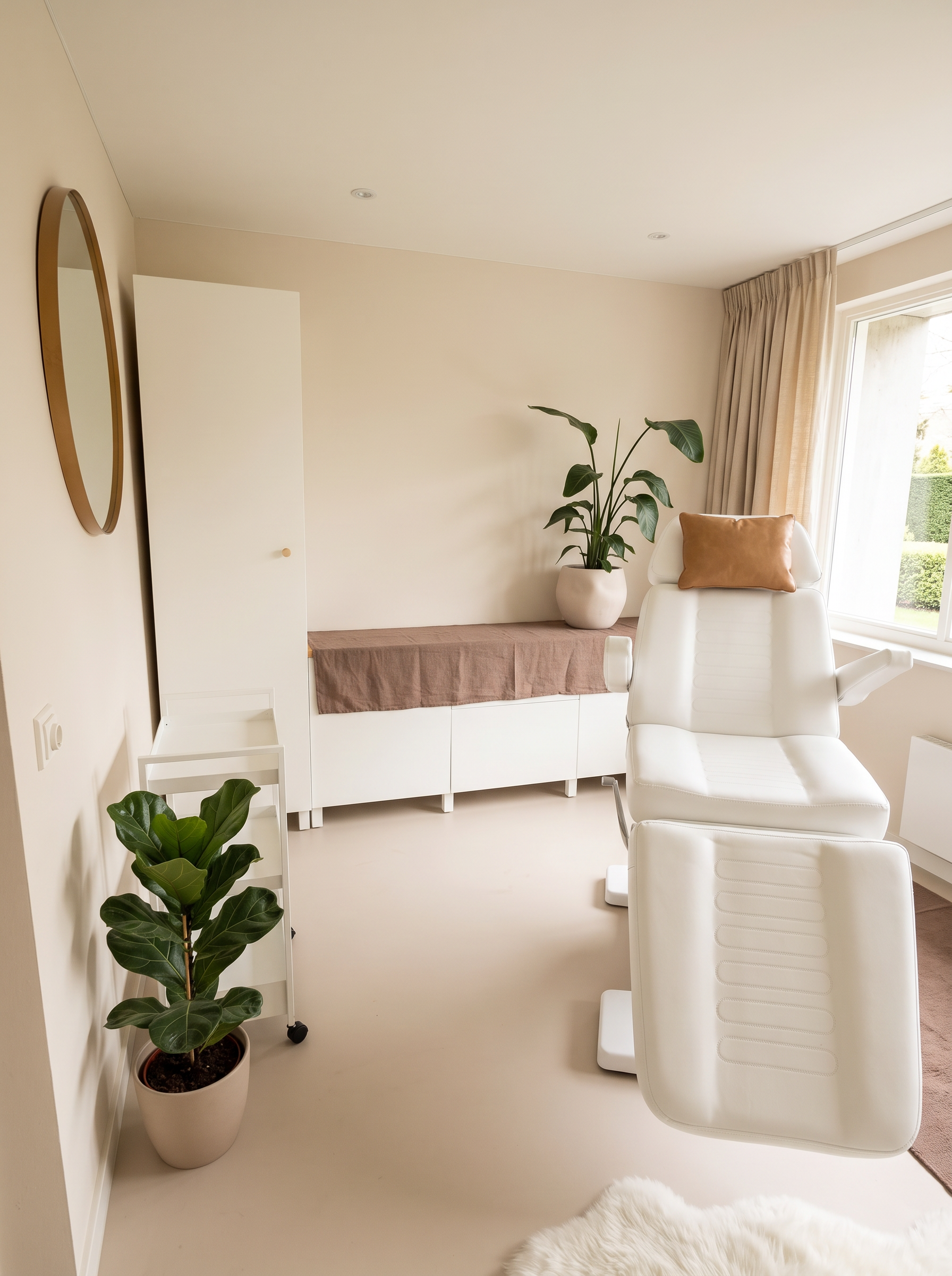 Behandelkamer met behandelstoel en warm daglicht