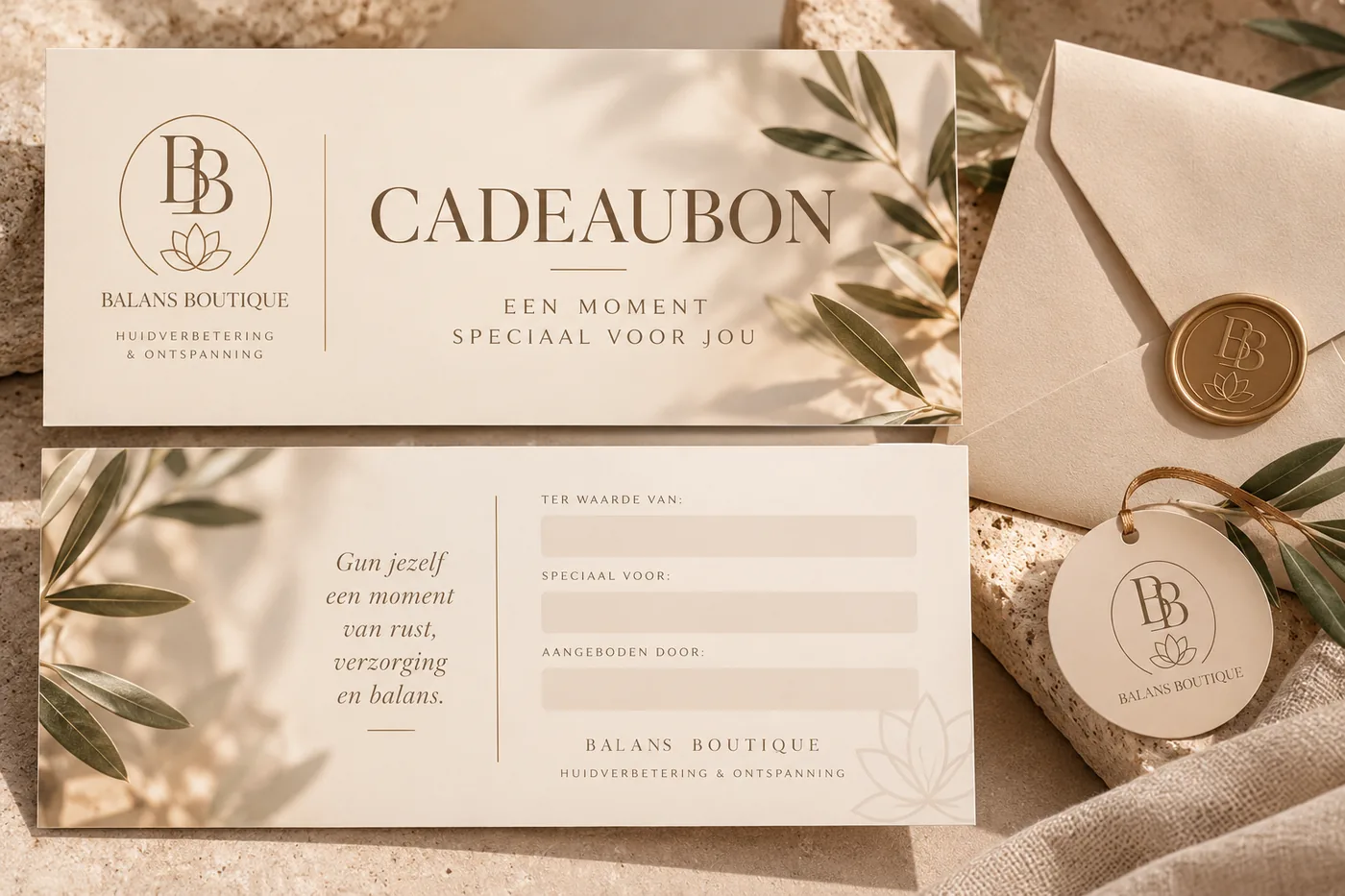 Cadeaubon van Balans Boutique met envelop, gouden lakzegel en olijftakken
